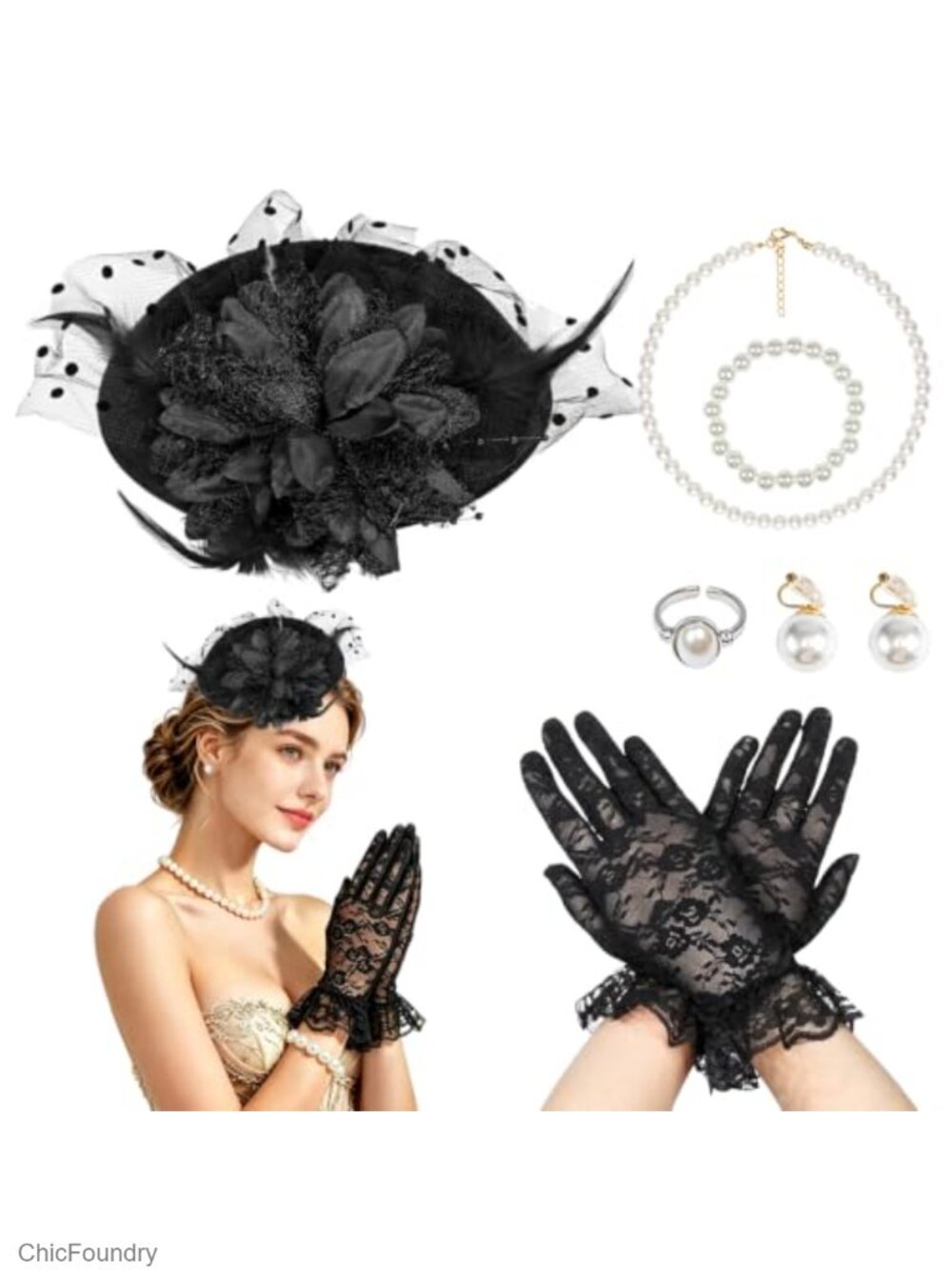 Vintage Feather Fascinator Hat and Gloves Set with Pearl Jewelry